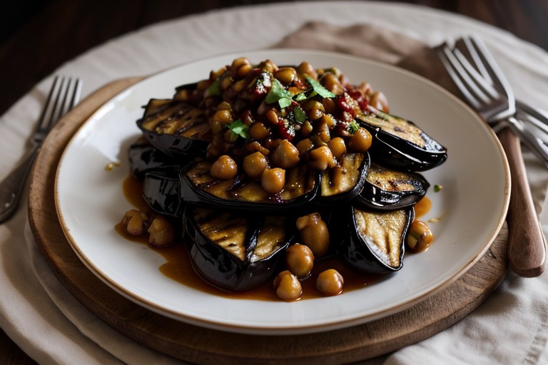 Grilled aubergines with spicy chickpeas & walnut sauce
