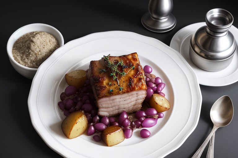 Roast pork belly, fondant potatoes & pickled onions