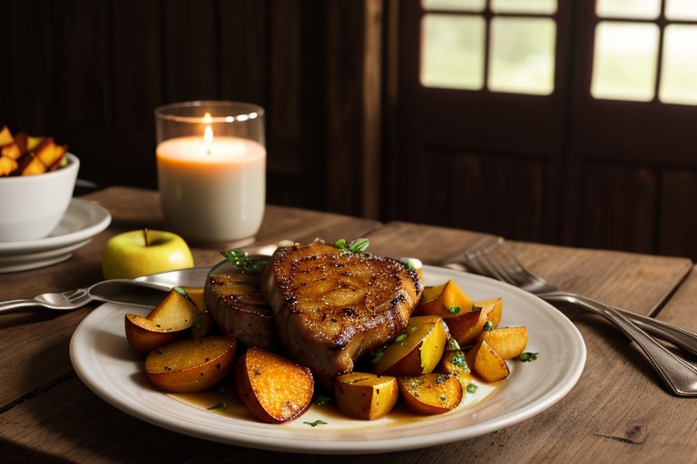 Skillet Apple Pork Chops with Roasted Sweet Potatoes & Zucchini