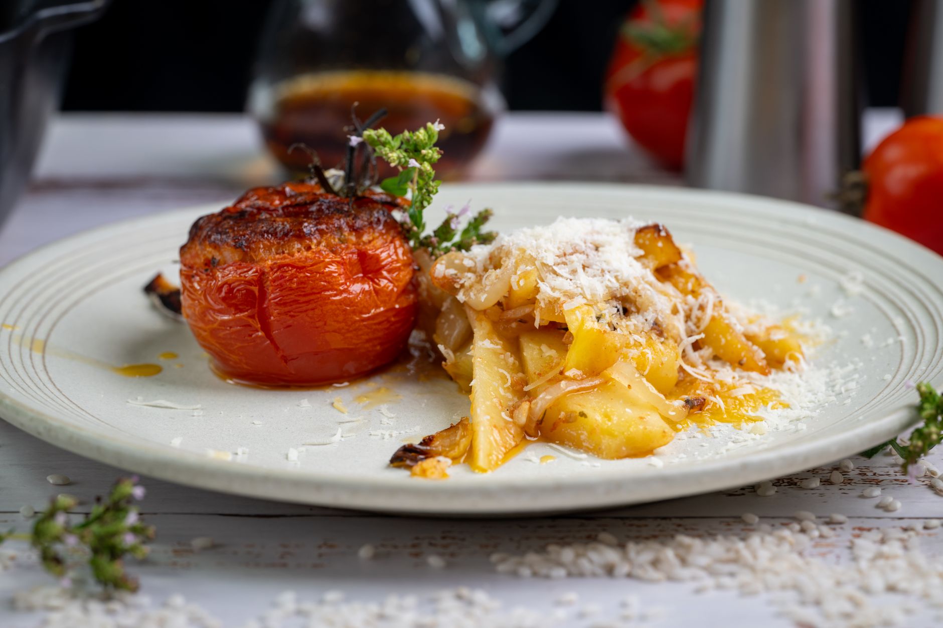 Baked tomato, gruyère & potato gratin