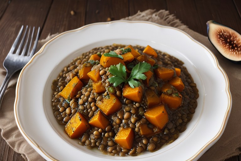 Squash, lentil & bean one-pot with fig raita
