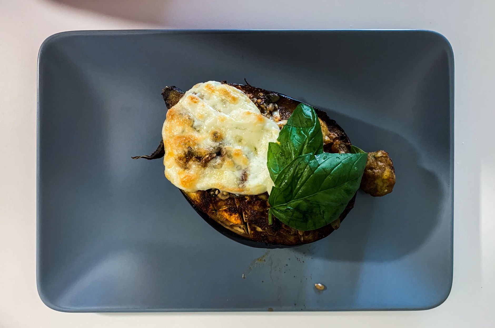 Roast aubergine with goat's cheese & toasted flatbread