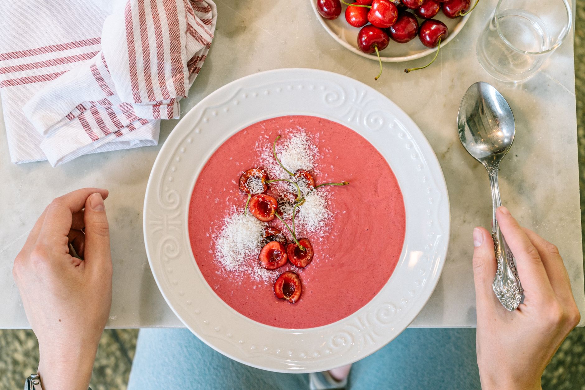 Cherry soup with whipped mascarpone & caramelised almonds