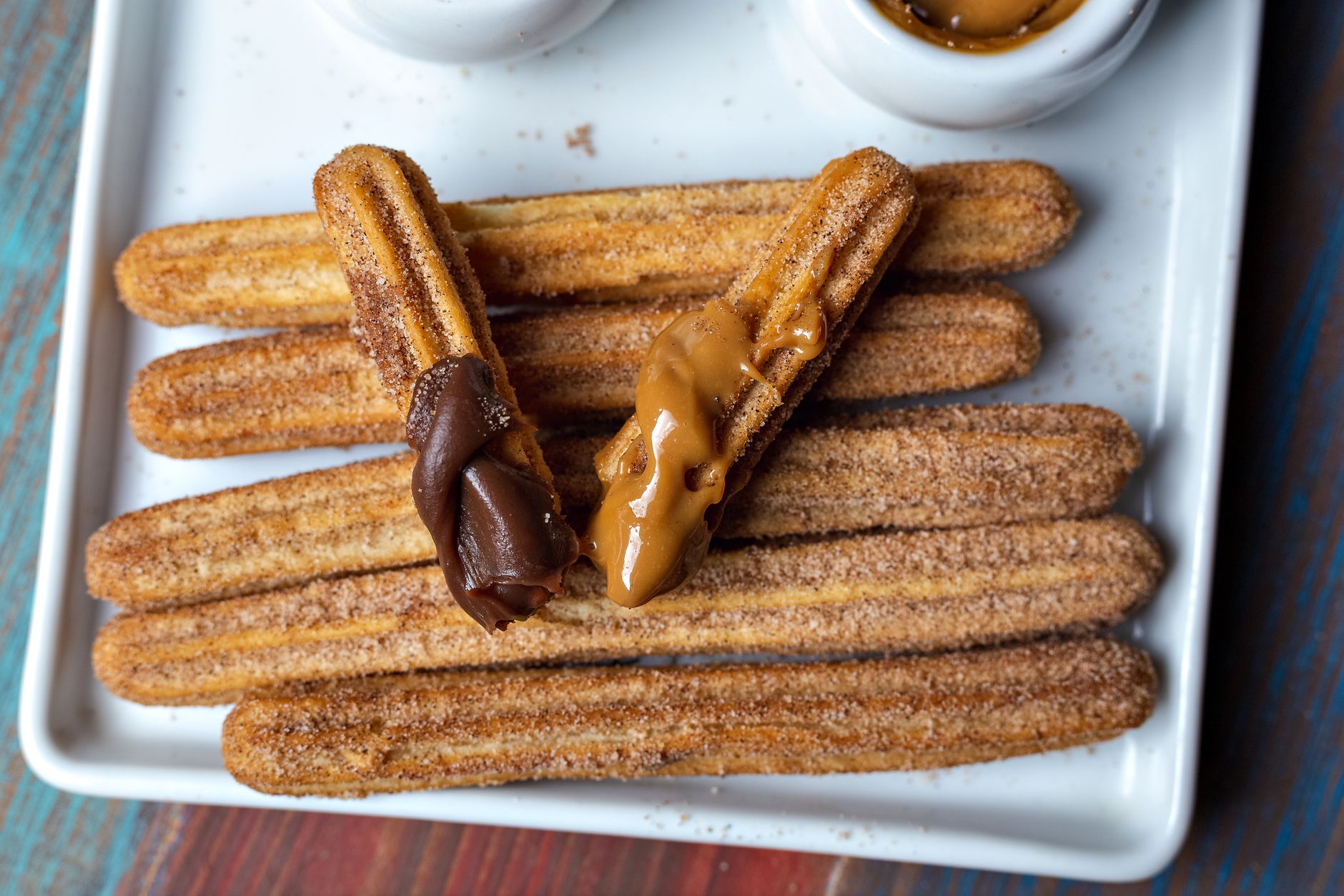 Chocolate churros with chocolate & salted caramel sauce