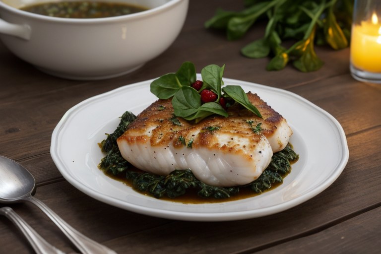Herb & garlic baked cod with romesco sauce & spinach