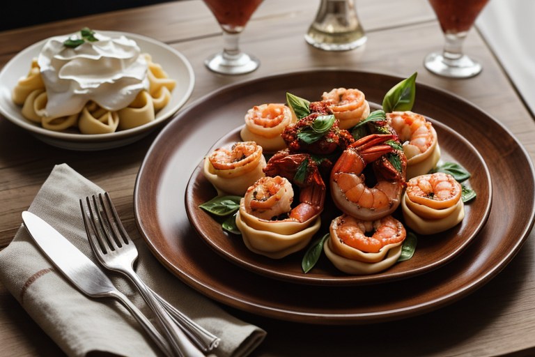 Tortellini & Shrimp Skewers with Sun-Dried Tomato Sauce