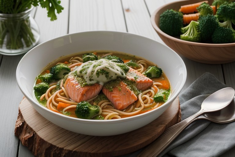 Salmon spaghetti soup with broccoli pesto