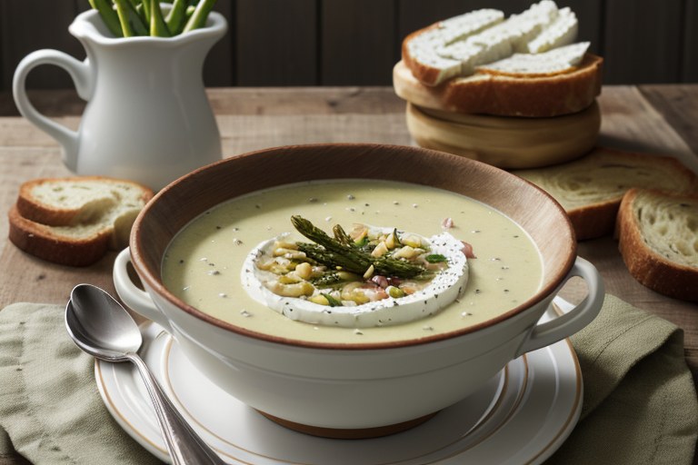 Creamy spring soup with goat's cheese & prosciutto toasts