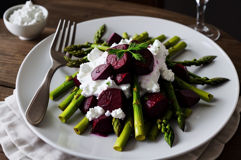 Pan-fried & raw asparagus with goat's curd & beetroot
