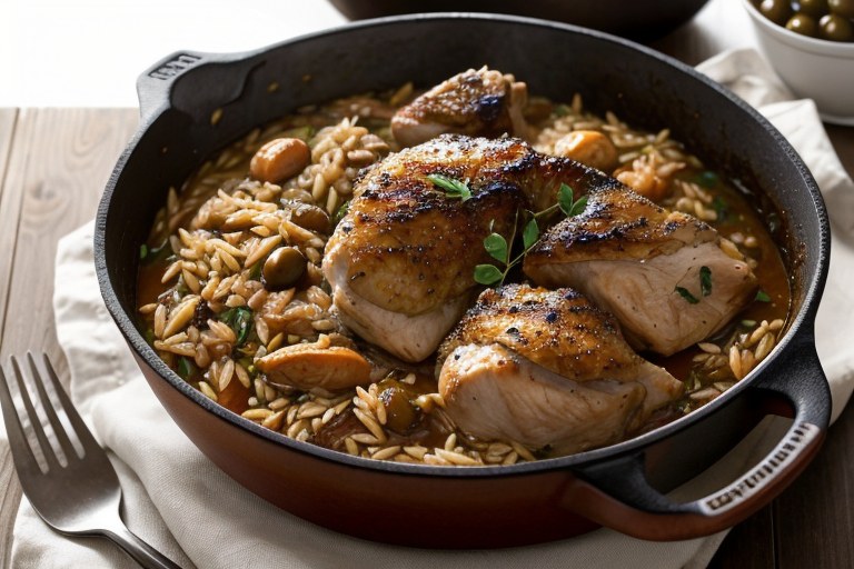 One Pot Chicken with Orzo and Olives