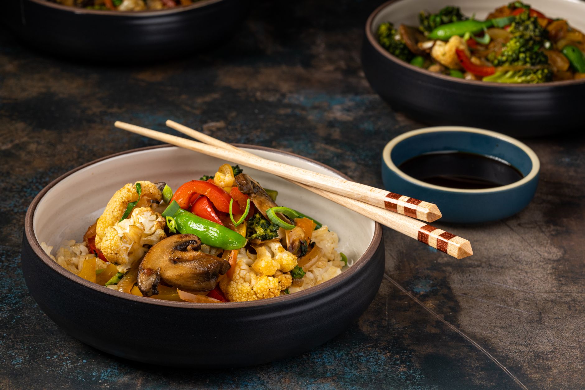 Hoisin Stir Fry Bowls with Spicy Peanut Sauce