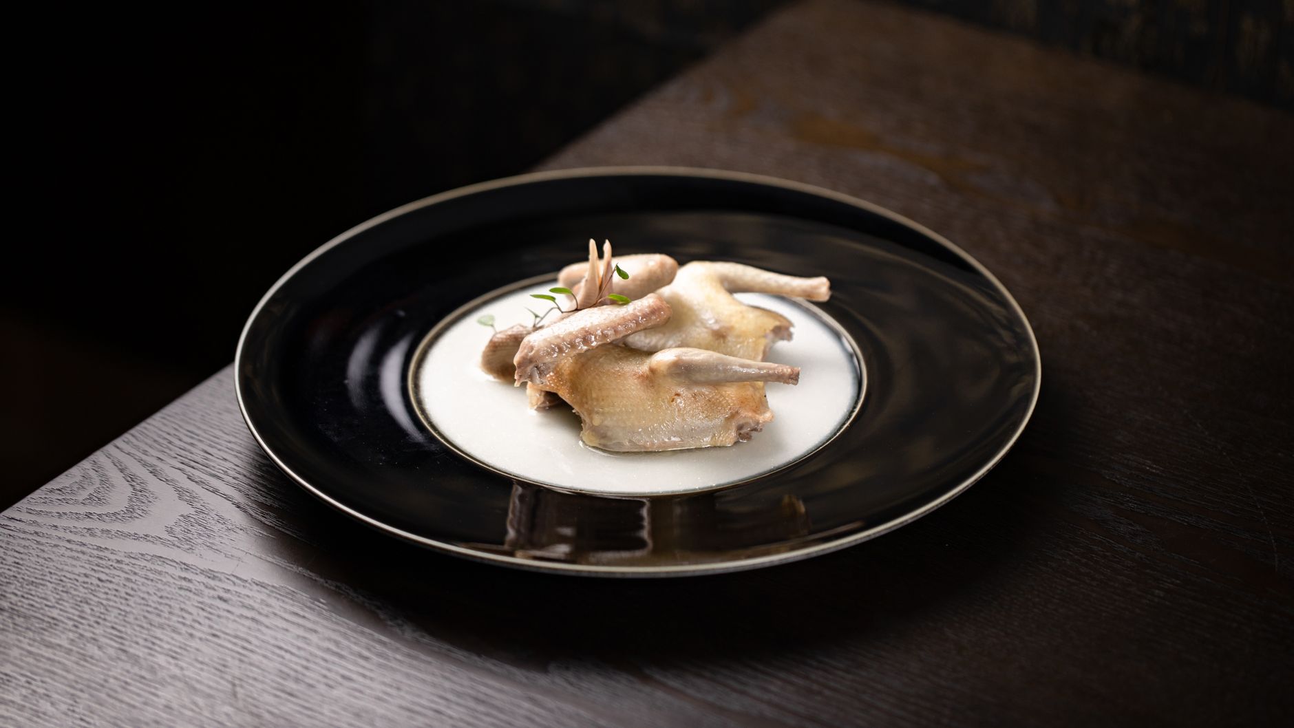Roast quail, tangled leek & potato vinaigrette