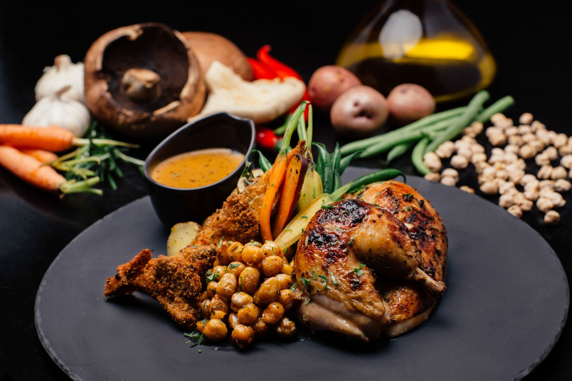 Butter-roasted supreme of chicken with wild mushroom & potato gratin