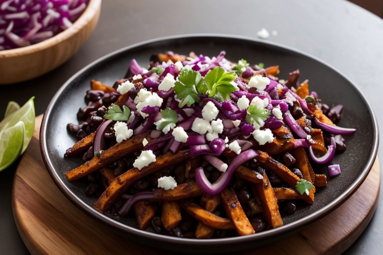 Black bean chilli fries with pickled red onion, feta & lime