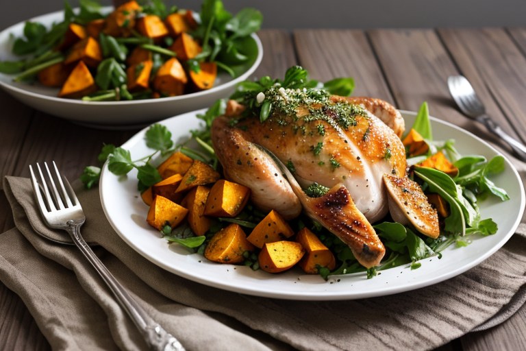 Roast chicken with sweet potato gremolata salad