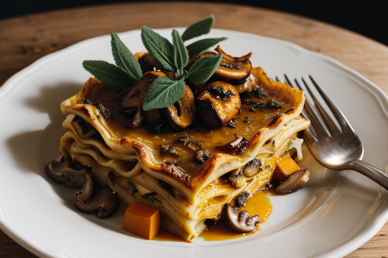 Mushroom, squash & caramelised garlic lasagne with crispy sage