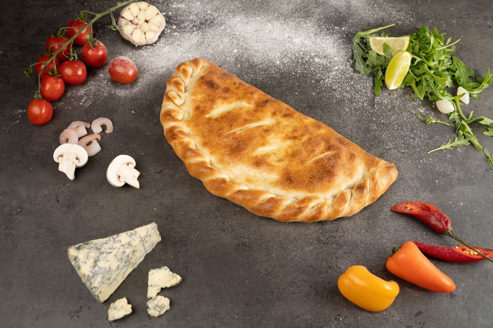 Mozzarella, pepper & aubergine calzone