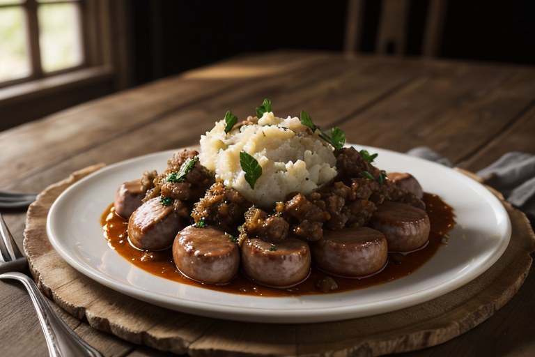 Sausage & hazelnut ragu with celeriac mash