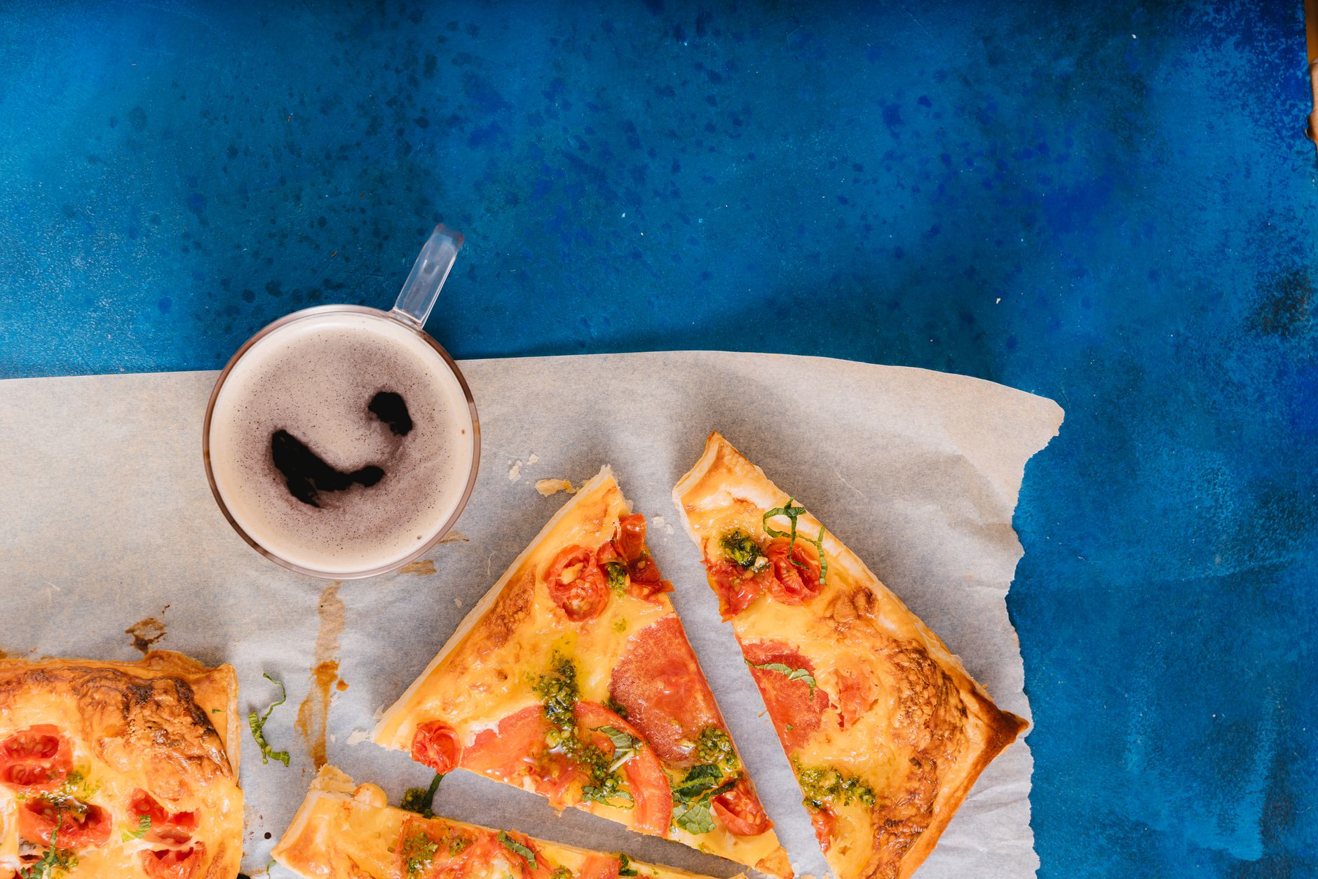 Tomato & mozzarella tart with roast pepper pesto
